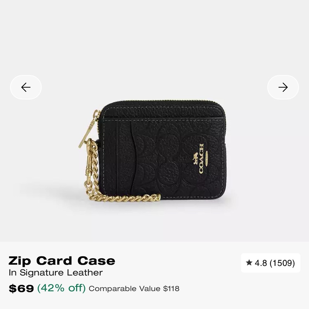 Coach Black Zip Card Case with Gold Chain Strap